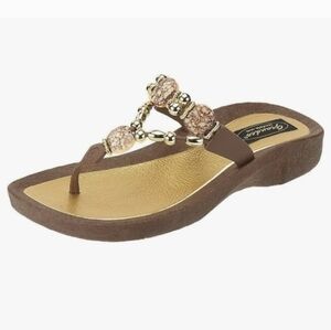 Grandco Beaded Flip Flop Sandals Brown Gold Embellished Thong Size 9